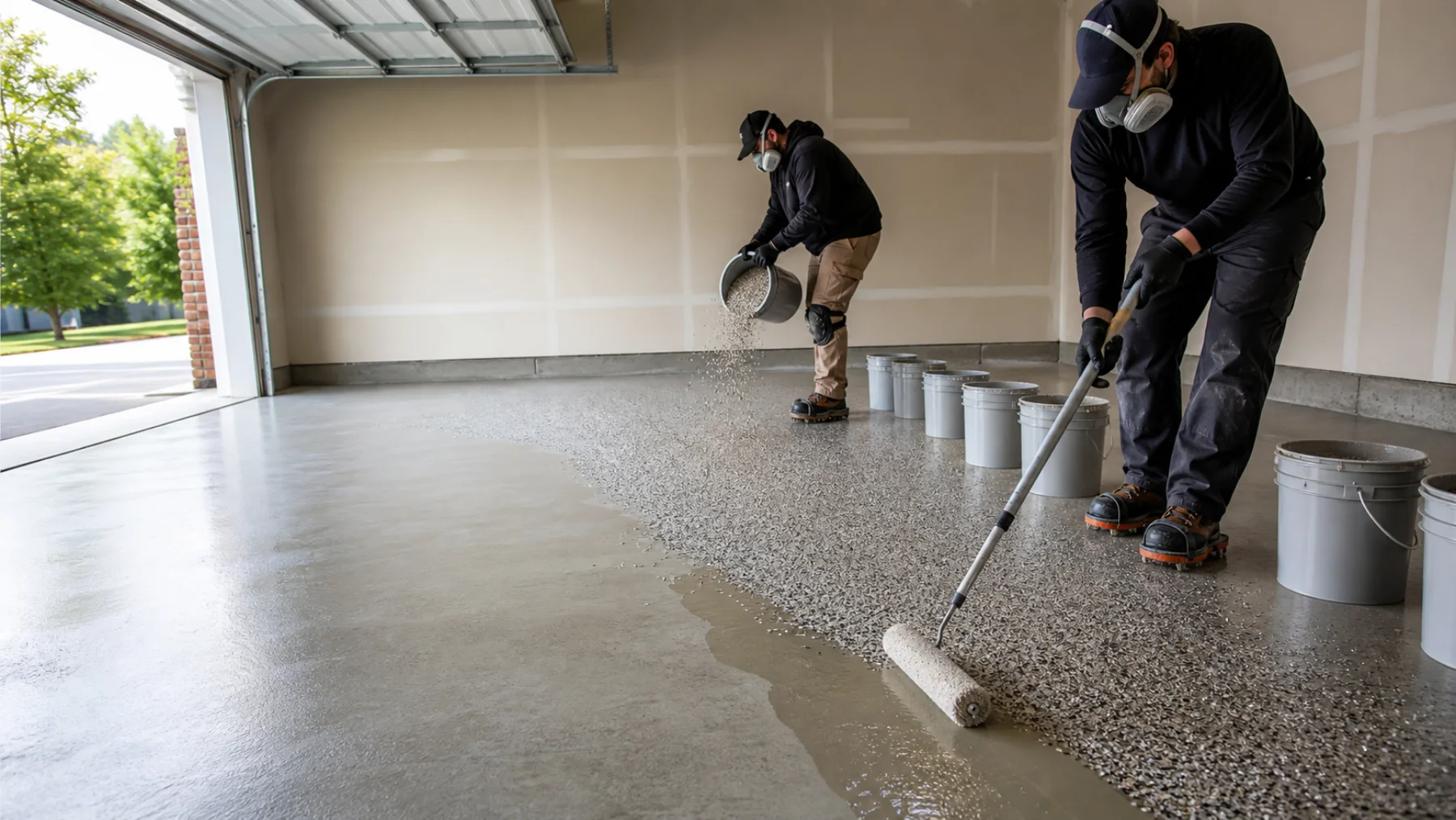 Two workers rolling a garage floor coating and broadcasting decorative flake along an active wet edge.