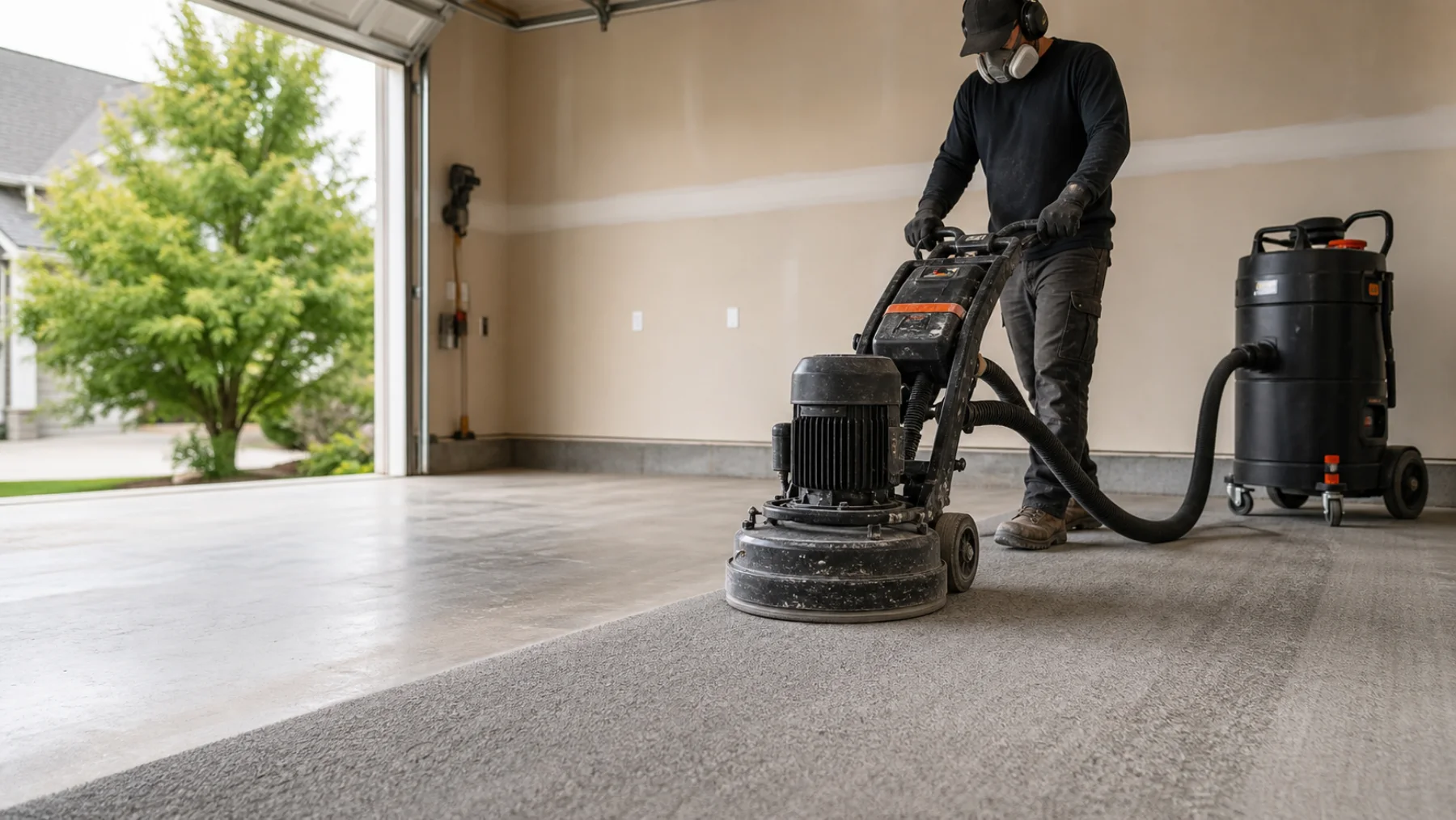 Worker mechanically grinding a garage slab with the grinder connected to a HEPA dust extractor.