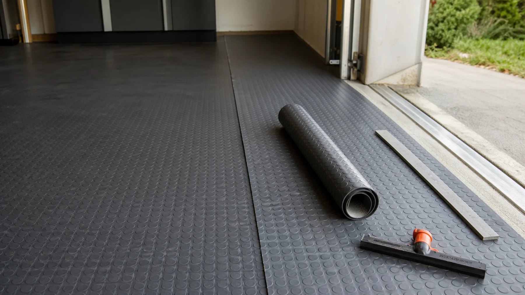 Graphite coin-texture roll-out garage flooring showing a longitudinal seam, unrolled edge, and trimmed threshold.