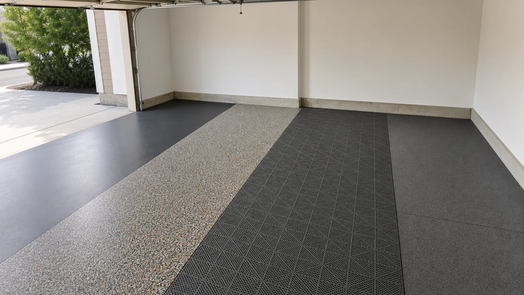 Four garage floor formats shown in the same two-car garage: solid coating, flake coating, modular tile, and roll-out flooring.